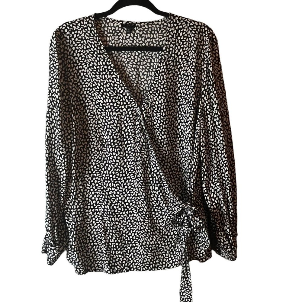 Talbots Spot Print Long Sleeve Faux Wrap Top Blouse Black White Plus Size X